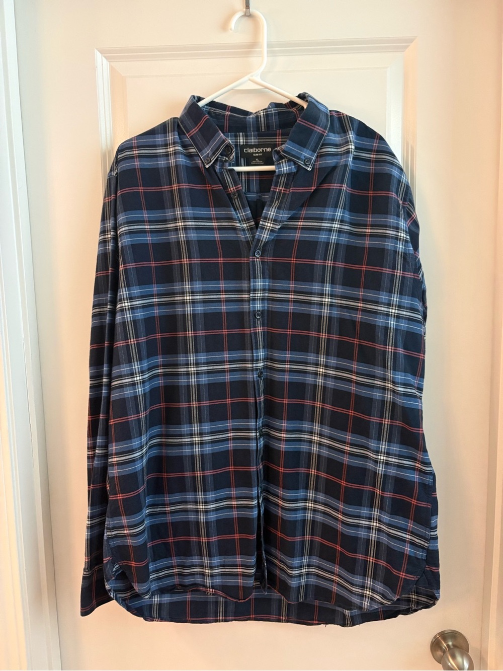 Claiborne Navy Plaid Button-Down Shirt with Red Accents